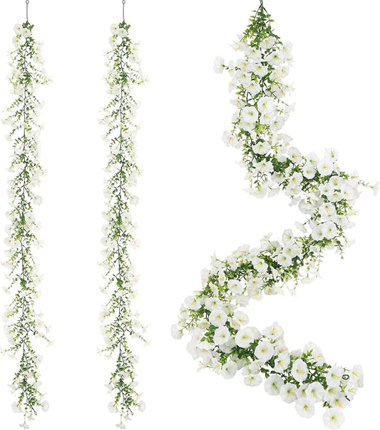 2 Pack Artificial Petunias Flowers Garlands, 6FT White Morning Glory Fake Hanging Flowers Eucalyptus Vines for Decoration Silk Flowers for Outdoor Home Garden Wall Wedding Decor(White)