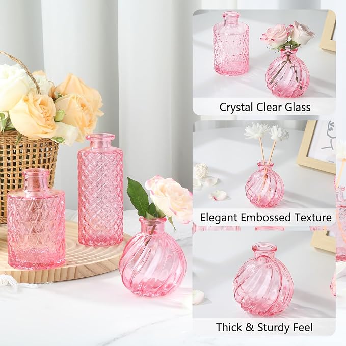 RUCKAE 22 Pack Pink Glass Bud Vases,Vintage Small Flower Vases for Centerpieces,Assorted Mini Glass Vases for Flowers,Table Decor,Wedding,Home,Living Room,Bedroom,Office,Party,Gifts(Pink 22 Pack)