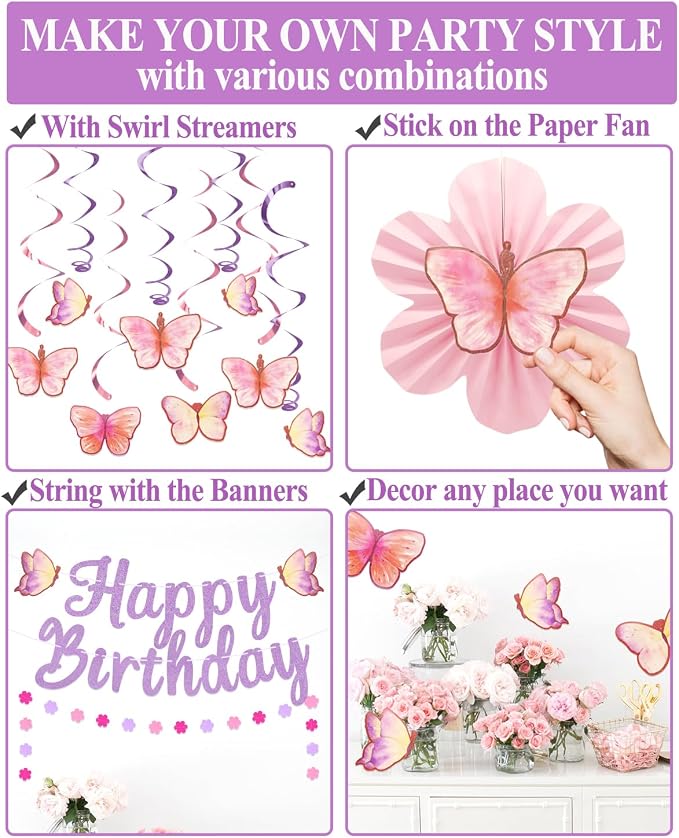 Butterfly Birthday Decorations Party Supplies with Pre-strung Happy Birthday Banner,Flower Garland,Cake Cupcake Toppers Stickers,Hanging Swirls, Paper Fan Spring-themed Decor Pack for Women Girls