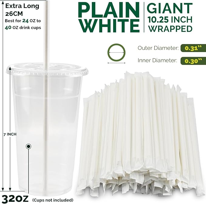 [300 Pack] Biodegradable 10 Inch Long Giant Paper Drinking Straws 8mm Wide - Individually Wrapped, Plain White
