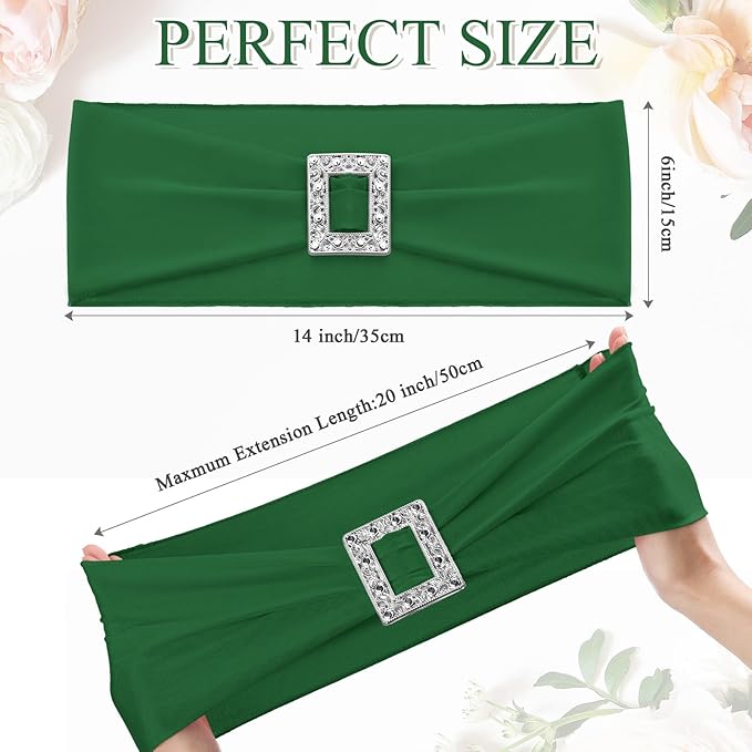 VitalCozy 100 Pcs Spandex Chair Sashes with Square Buckle Slider Stretch Chair Cover Band Universal Elastic Ties Straps Bows for Wedding Banquet Event Party Decoration (Green)