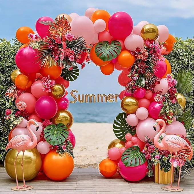 Pink Orange Balloon Garland Double Stuffed Hot Pink Orange Gold Metallic Pastel Balloon Arch Kit for Birthday Baby Bridal Shower Wedding Mother's Day Tropical Party Decorations
