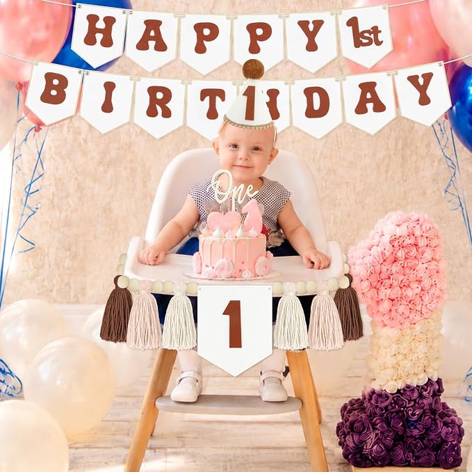 THAWAY 1st Birthday Decorations, White Brown Bohemian Style High Chair Banner Set with Tassel Wood Bead, Birthday Hat & Wooden Cake Topper for One Year Old Party Supplies