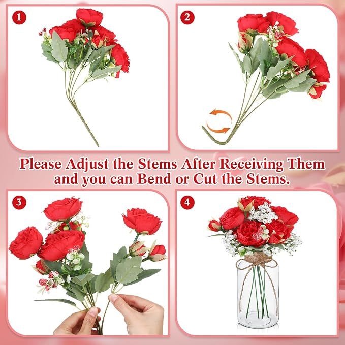 Zeyune 6 Sets Mason Jar Table Centerpiece with Artificial Peony Baby's Breath Flower Centerpieces Faux Flowers with Rope for Wedding Reception Engagement Bridal Shower Rustic Table Decor(Red)