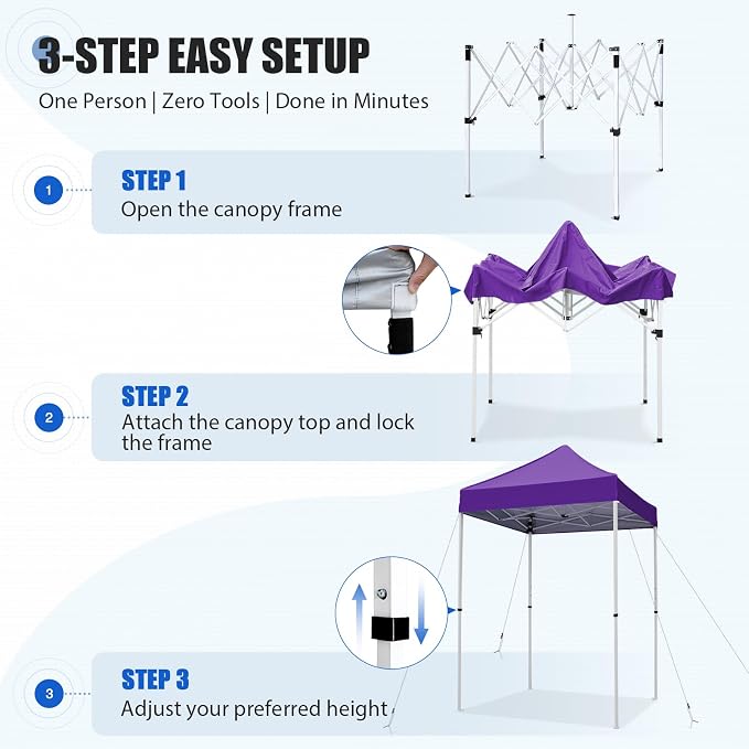 EAGLE PEAK 5x5 Pop Up Canopy Tent Instant Outdoor Canopy Easy Set-up Straight Leg Folding Shelter, Purple