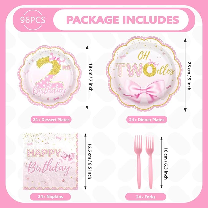 96Pcs Oh Twodles Birthday Party Supplies Girl Cartoon 2nd Mouse Birthday Paper Plates and Napkins Pink Gold Cute 2nd Mouse Theme Bday Decoration for Girls Two Years Old Bday Party Supplies Serves 24