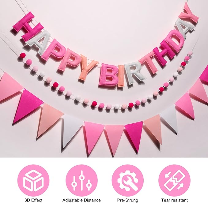 Pre-Strung Happy Birthday Banner, Reusable Felt Birthday Party Decorations, 3D Effect Happy Birthday Sign with Felt Ball Garland, Pennant Flag, Hanging Paper Fans for Men Women Boy Girls (Pink)