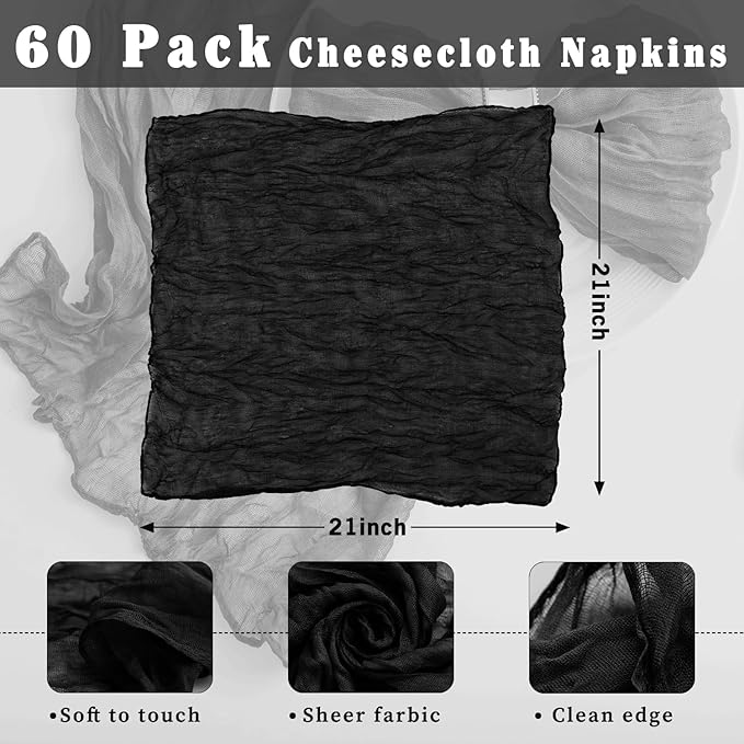60 Pack Black Cheesecloth Napkins Washable 21x21 Inches Black Cloth Napkins Set of 60 Dinner Table Napkins for Wedding Rustic Boho Cotton Gauze Summer Bridal Baby Shower Party Table Decor