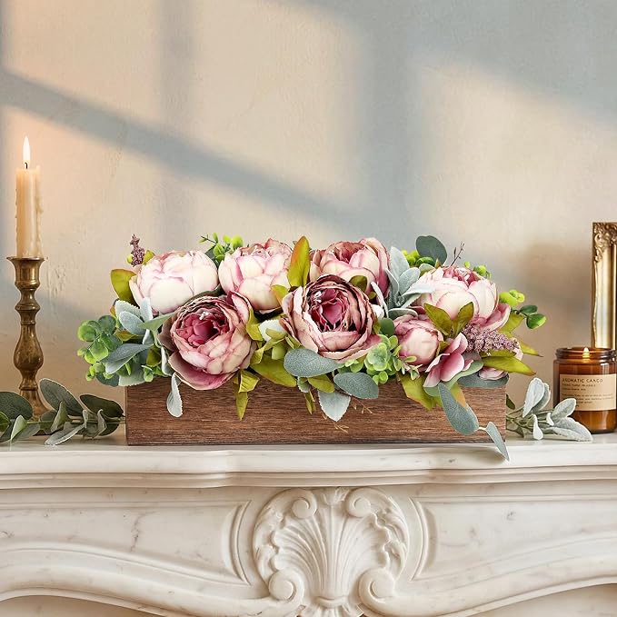 Pre-Made Flower Table Centerpieces for Dining Room Wedding Artificial Peony Table Decorations Wood Tray with Fake Flowers for Living Room Party Bar Kitchen Table(Vintage Pink)