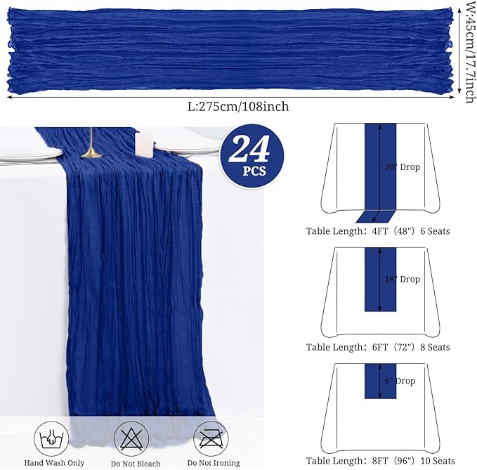 24 Pack Royal Blue Cheesecloth Table Runner,Gauze Boho Long Cheese Cloth Table Runner 17x108 inch Rustic Table Runners for Wedding Party Bridal Shower Banquet Table Decorations