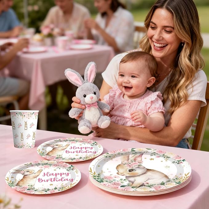 Xynic 205pcs Bunny Birthday Decorations Complete Tableware Set, for 25 Guests, Pink Bunny Party Decorations Girl, Includes Banner Hanging Swirls Plates Napkins Balloons Caketopper Tablecloths