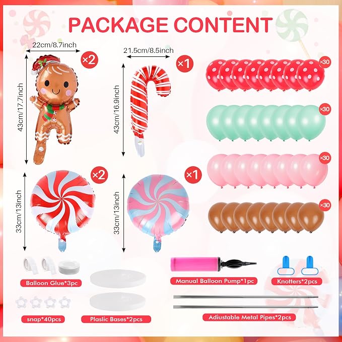 2 Sets Christmas Gingerbread Balloon Stand for Floor Adjustable Red Whilt Balloons Column Kit Set of 2 with Candy Crutch Balloons Tower Stand for Birthday Baby Shower Party Supplies