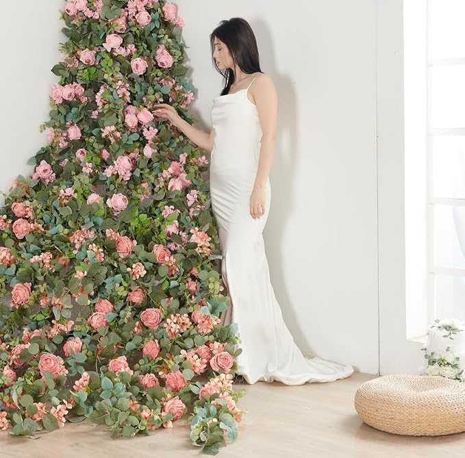 PONKING Flower Garland Artificial Rose & Hydrangea Vine Hanging Fake Flowers Vines for Wedding Birthday Party Valentines Christmas Room Wall Arch Decor, 1 Rose & 1 Hydrangea Light Pink Floral Garland