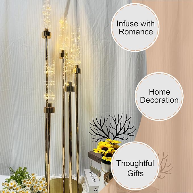 8 Pack Gold Candelabras Centerpieces, 42" 5-Arm Candle Holders for Tables | 8 centerpieces with 30 LED candles; gold finish; stable metal base; ideal for weddings parties