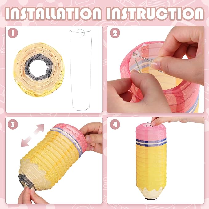Retisee 12 Pcs Back to School Classroom Decoration Pencil Hanging Paper Lanterns Kindergarten Preschool Art Classroom Ceiling Decor, First Day of School Birthday Supplies