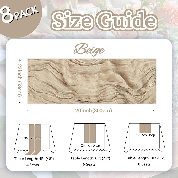 8 Pack Beige Cheesecloth Table Runner 10ft Boho Gauze Fabric 120 Inch Cheese Cloth Table Runner Rustic Sheer for Holiday Baby Shower Party Décor Home Wedding Decoration
