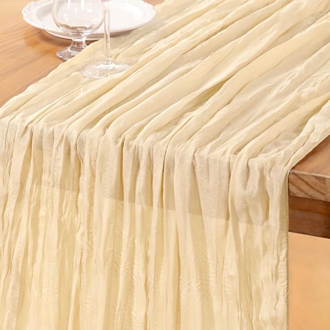 DeZerlor Beige Cheesecloth Table Runner Spring Easter Table Runner 120 Inches Boho Gauze Cream Cheese Cloth Table Decor for Wedding Bridal Baby Shower Parties