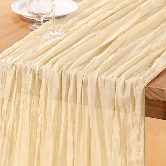 DeZerlor Beige Cheesecloth Table Runner Spring Easter Table Runner 120 Inches Boho Gauze Cream Cheese Cloth Table Decor for Wedding Bridal Baby Shower Parties
