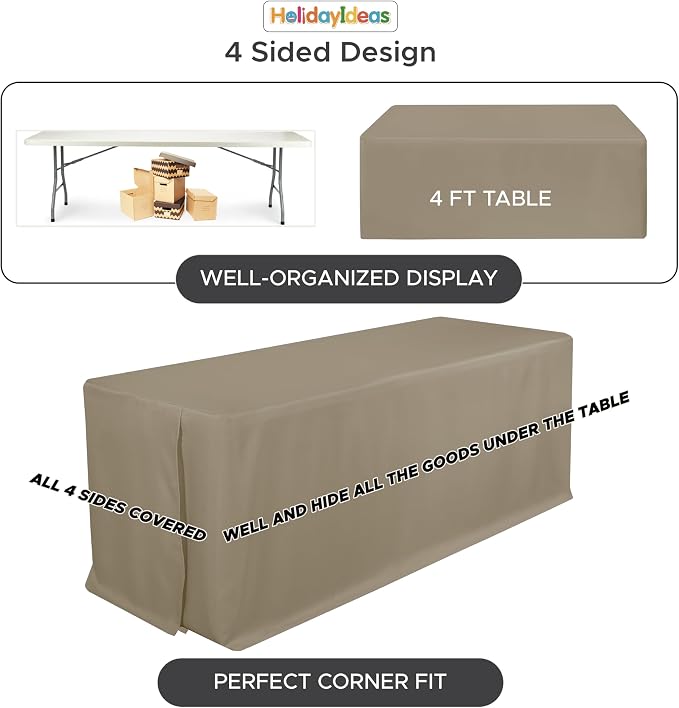 HolidayIdeas 4-Pack 6ft Taupe Rectangle Craft Shows Fitted Tablecloth | Wrinkle resistant table covers; bulk quantity pack for professional trade exhibition displays or vendor booths