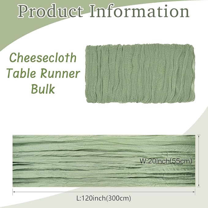 16 Pack Cheesecloth Table Runners 20" x 120", Boho Gauze Table Decor for Wedding, Bridal Shower, Birthday Party, Long Romantic Runner(Sage Green)