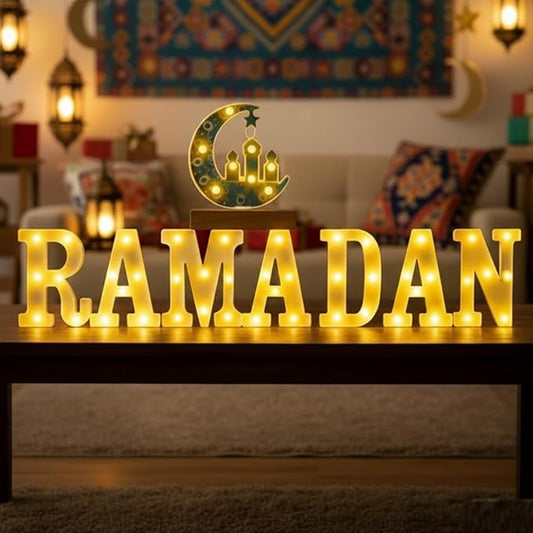 Aurelema 8 Pcs Large Ramadan Decorations LED Letter Sign Ramadan Mubarak LED Lights Battery Powered Table Decorations for Eid Home Party Supplies