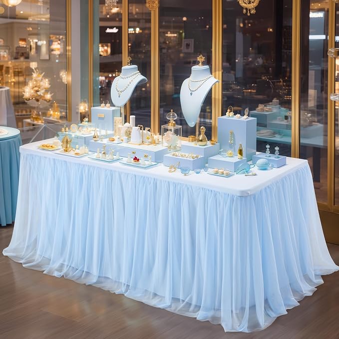 2 Pack Baby Blue Tulle Tablecloth Skirt for 6 Foot Rectangle Tables - Baby Shower Blue Table Covers with Ruffle Tutu Style, Stretch Fitted for Wedding Birthday Parties Reception