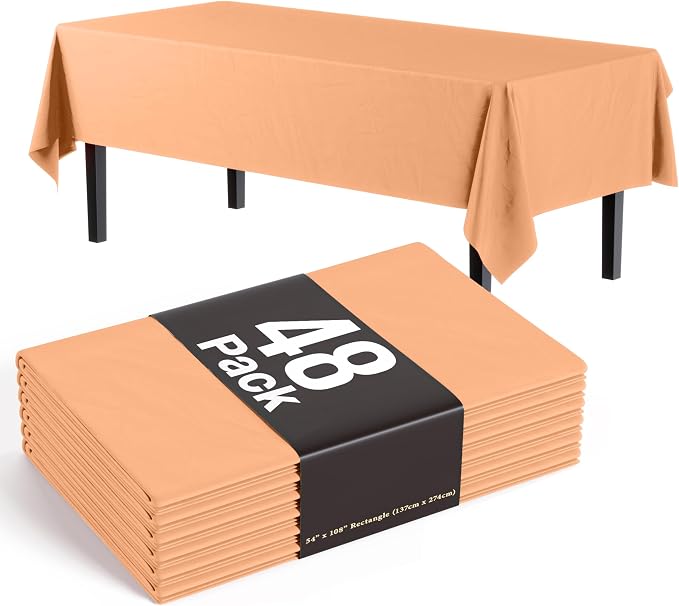 Exquisite Peach Plastic Rectangular Tablecloth 54x108inch, 48 Count - Disposable Table Cloths for Parties in Bulk, Easy Clean Up, Perfect for Christmas, Thanksgiving, New Years Eve