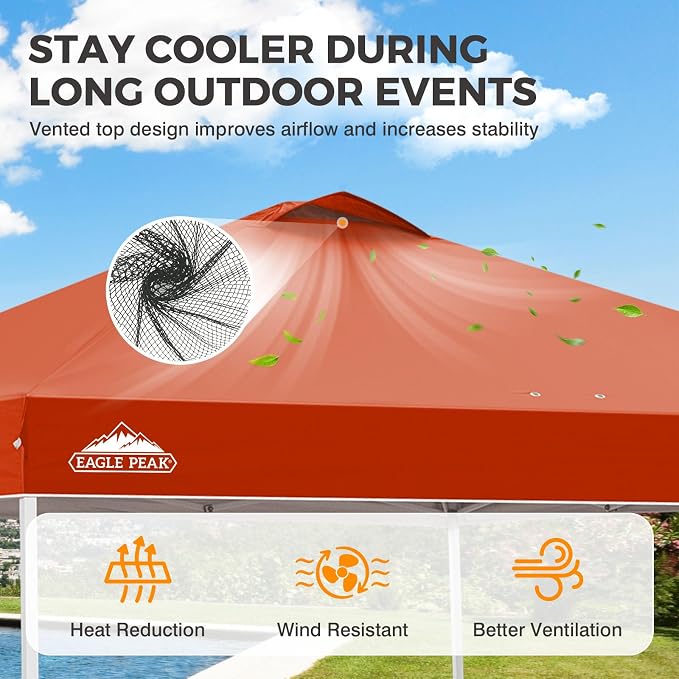 EAGLE PEAK Pop Up Canopy Tent with Wheeled Carry Bag, 8 Stakes, 4 Ropes, 4 Weight Bags, Easy Set Up Tent Canopy, 10x10 ft, 100sqft of Shade, Brick Red
