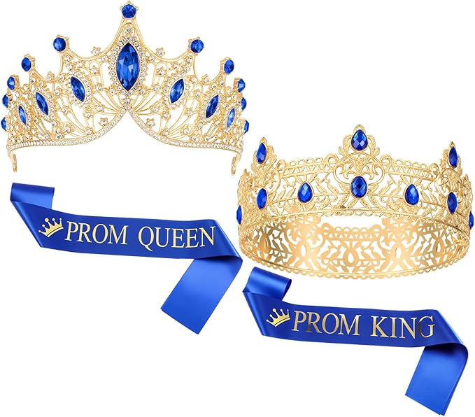 Ferreve 4 Pcs Prom King and Queen Crowns and Sashes Set Graduation Prom King and Queen Tiara Sash for 80's Prom Party Favors(Blue)