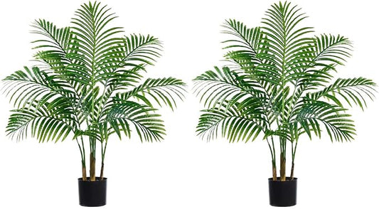 2 Pack Artificial Palm Tree 3FT Artificial Plants Indoor Tropical Fake Palm Tree Areca Floor Plant in Black Pot with 9 Trunks & Real Bark Design, Faux Palm Plant for Outdoor Patio Home Office Decor