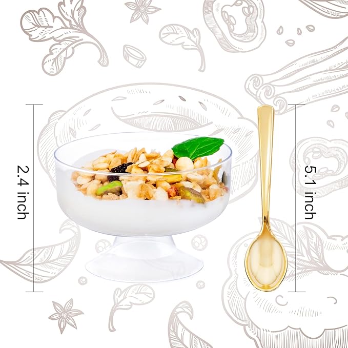 WDF 7oz Clear Dessert Cups Disposable - 96 Pack Dessert Cups With Mini Gold Spoons Plastic Parfait Cups Medium to Large 48 Ice Cream Plastic Cups & 48 Gold Tasting Spoons for Party & Thanksgiving