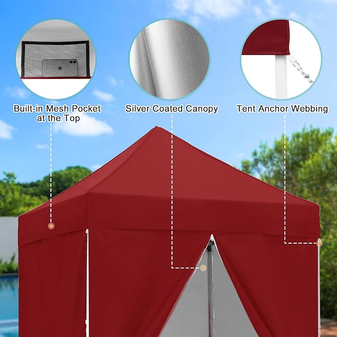 5x5 Pop Up Canopy Tent with Four Sidewalls, Instant Portable Beach Canopy, Outdoor Tent with Carry Bag for Camping, Sports, Tailgating, Events, Burgundy