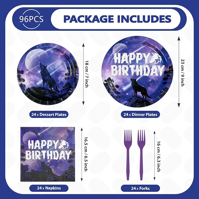 96Pcs Wolf Birthday Party Decorations Galaxy Wolf Plates and Napkins Black Purple Galaxy Disposable Paper Tableware Set for Animal Theme Birthday Outdoor Holiday Party Supplies Serves 24