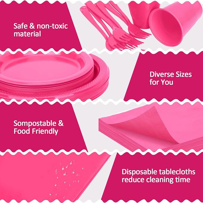 Hot Pink Plastic Plates for Party,50 Guest Disposable Plastic Plate Set 9" Plates,7" Dessert Plate,Napkins,Cups,Forks & Tablecloth for Girls Women,Summer Party,Birthday