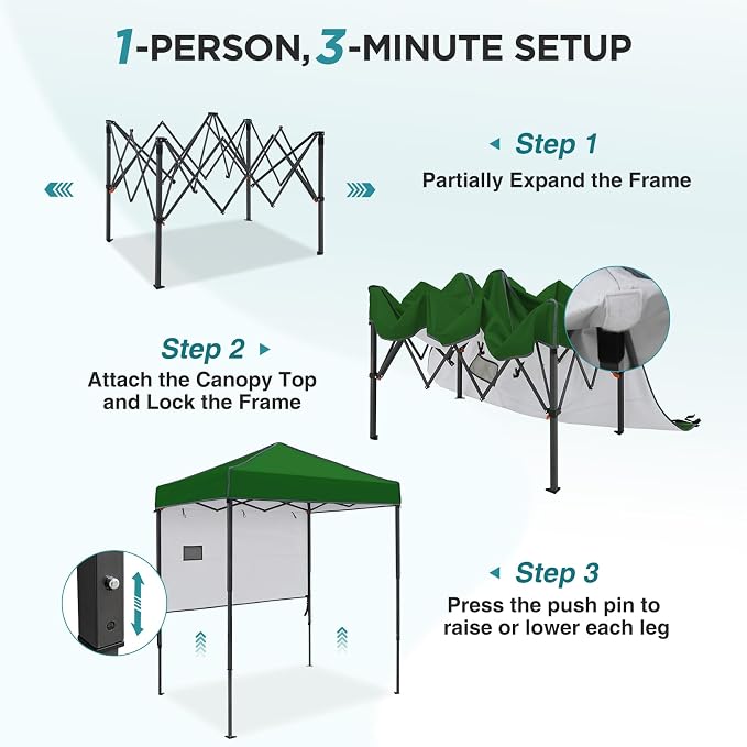 EAGLE PEAK 6x4 Instant Pop Up Canopy Tent with 1 Half Wall Panel, Straight Leg Sun Shelter, Portable Canopy with Carry Bag for Camping, Beach & Sports, Green