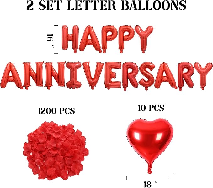 2 Set HAPPY ANNIVERSARY Balloons - 1200pcs Red Artificial Rose Petals, 32pcs 16" Letter, 10pcs 18" Heart Balloons for Valentines Day Decorations
