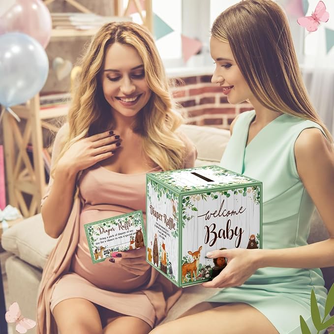 Teling 51 Pieces Diaper Raffle Tickets with Card Box Baby Shower Decorations Baby Shower Holder Box for Girl Boy Diaper Raffle Party(Woodland Animal)