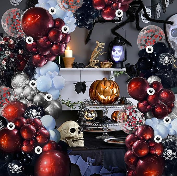 Halloween Balloon Garland Arch Kit, JZCZOEB 133Pcs Double Stuffed Red Black Blue Chrome Silver Balloons for Rose Skull Gothic Spooky Horror Theme Birthday Baby Shower Halloween Party Decorations