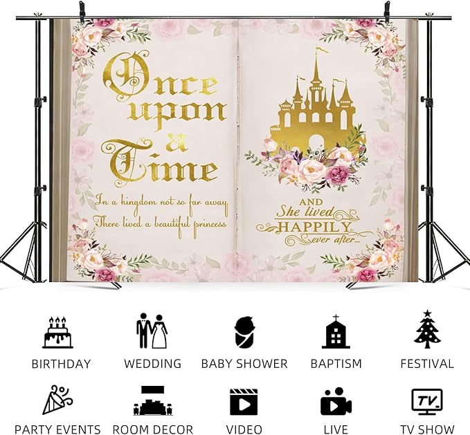 5x3ft Once Upon a Time Backdrop Pink Flower Gold Castle Photography Background Fairy Tale Books Floral Princess Girls Birthday Banner Decorations Fairytale Wedding Portrait Photo Booth Prop