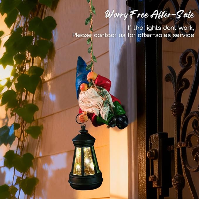 Solar Hanging Gnome Garden Statues Climbing Rope Gnome with LED Lantern Summer Outdoor Decor Tree Hugger Yard Porch Wall Fence Decoration Mother's Day Birthday Gifts for Mom Women