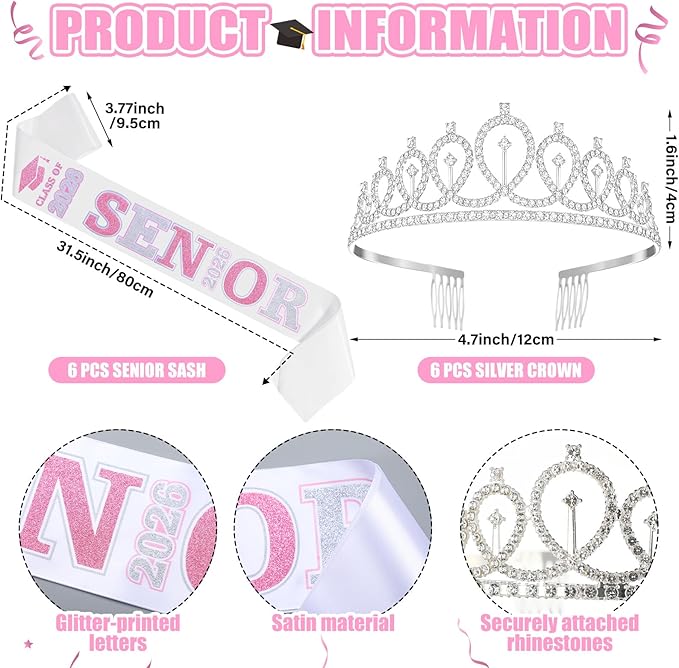 Janinka 6 Pcs Senior Sash 2026 Graduation Satin Sash with Glitter Letter Silver Crown Tiaras Cheer 2026 Gifts for Graduation Party Cheerleader Prom Photos Celebration(Pink)