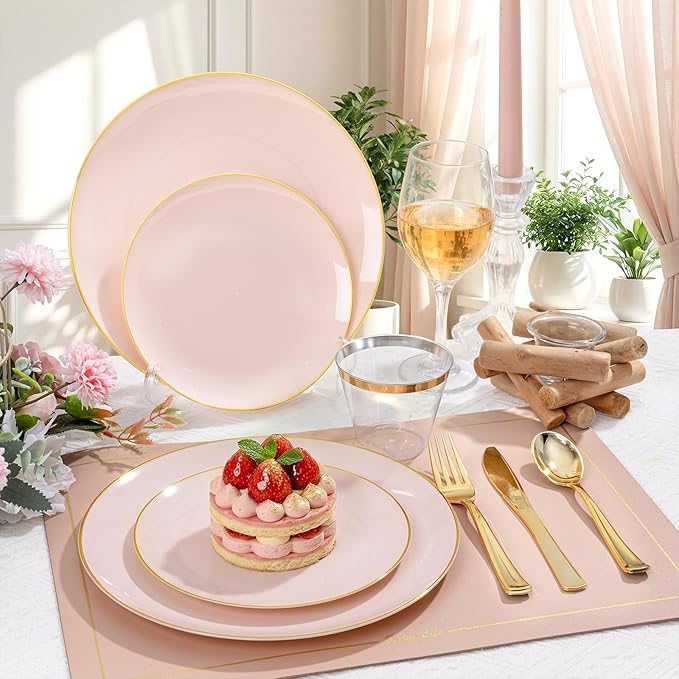 WDF 300Pcs Pink Plates Disposable - Pink and Gold Plastic Dinnerware Set for 50 Guests Include 50 Dinner & Cake Plates & 50 Disposable Cutlery & 50 9oz Cups for Wedding/Baby Shower/Spring/Mother's Day