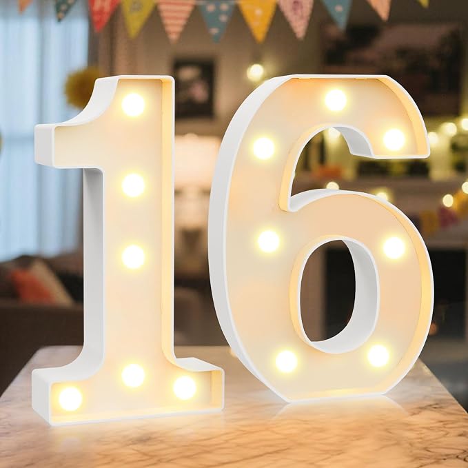 LED Marquee Light Up Numbers Sign - Lighted Birthday Numbers Sign for 16th Birthday Party Decoration, Bar Wall, Home, Table Room, Wedding and Christmas Decorations, Number 16