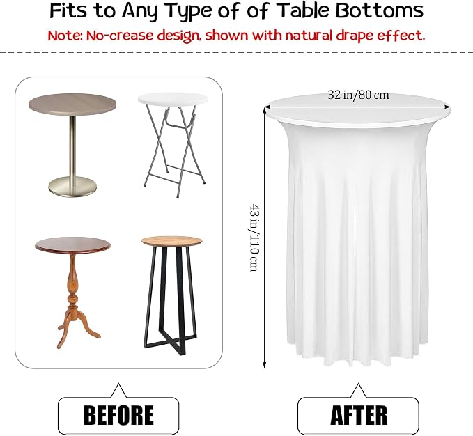 Kochorie 8 Pieces Cocktail Table Skirt Round Cocktail Table Covers 32 x 43 Inch Spandex Stretch High Top Table Cloth for Wedding Table Bar Banquet Party Supplies (White)