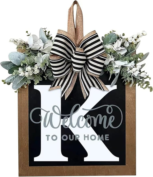Last Name All Year Round Front Door Wreath with 26 Initial Letter Welcome Sign All Seasons Eucalyptus Garland and Bow ，Farmhouse, Porch, for Spring Summer Fall All Seasons Holiday Halloween Christmas.（K）