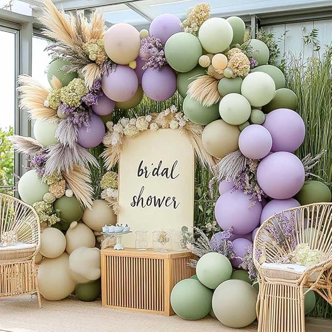 Dusty Green Purple Balloon Arch Kit Double Stuffed Pastel Light Lavender Olive White Sand Balloon Garland for Neutral Baby Shower Birthday Bridal Wedding Easter Party Decoration