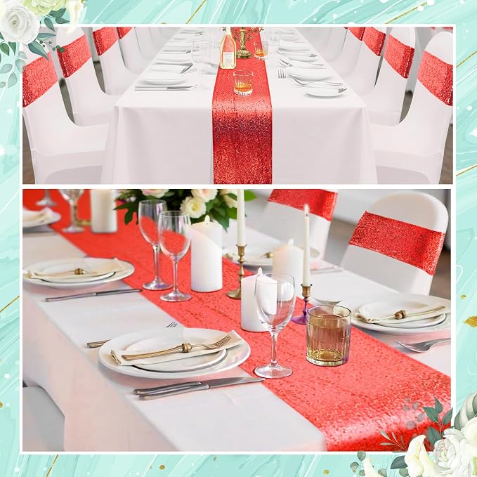 54 Pieces of Red Sequin Chair Ribbons and Table Runners, 48 Sequin Chair Bows, 6 Glitter Table Runners, Suitable for Wedding Parties Birthday Meeting Events Decorations (Red)