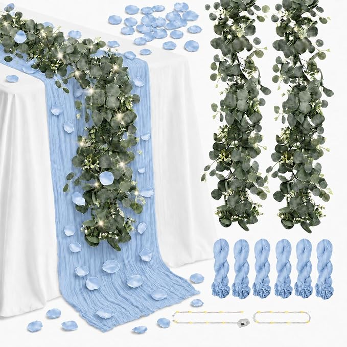 Cinrobiye 11PCS Boho Cheesecloth Table Runner Set with Rose Petals, 120'' Gauze Table Runner, Wrinkled Napkins, Eucalyptus Garland and String Lights for Wedding Baby Shower Tea Party Decorations