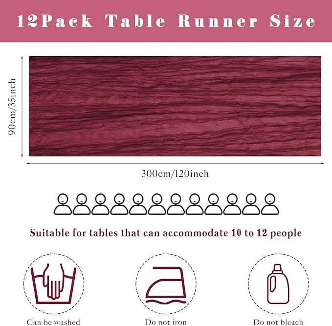 10FT 12 Pcs Burgundy Cheesecloth Table Runner Gauze Fabric Boho Cheese Cloth Table Runner Rustic Semi Sheer Runner for Wedding Holiday Bridal Shower Birthday Party Table Decor (35 x 120 Inches Long)