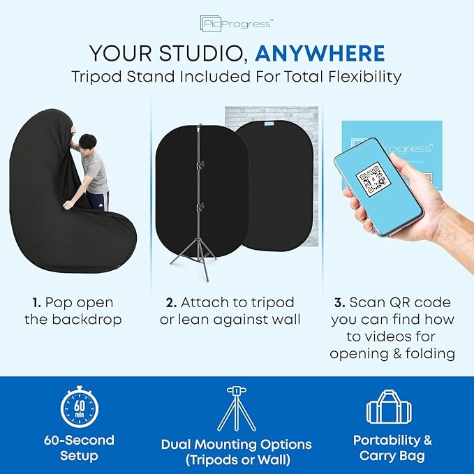 Black Fitness Photo Backdrop with Adjustable Tripod Stand, Collapsible Background for Bodybuilding Posing, Progress Photos, Gym Content & Coaching Check-Ins (Backdrop and Tripod Stand)